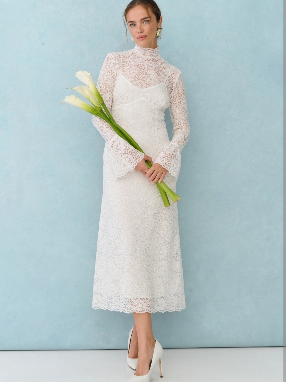 Few Moda High-Neck White Lace Midi Dress with Bell Sleeves